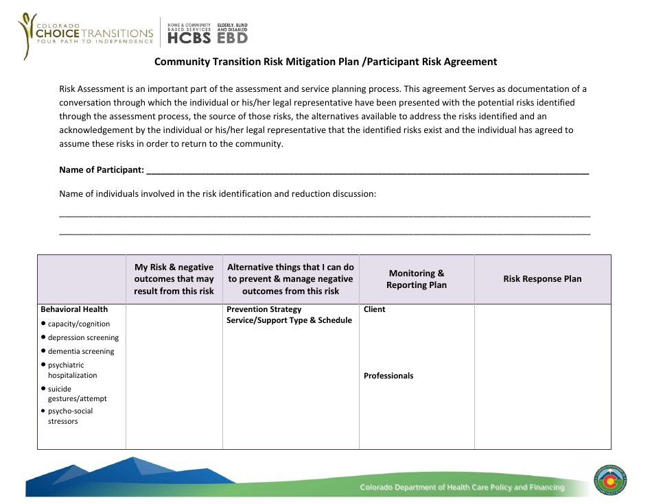 Community Transition Risk Mitigation Plan / Participant Risk Agreement - Colorado, Page 1
