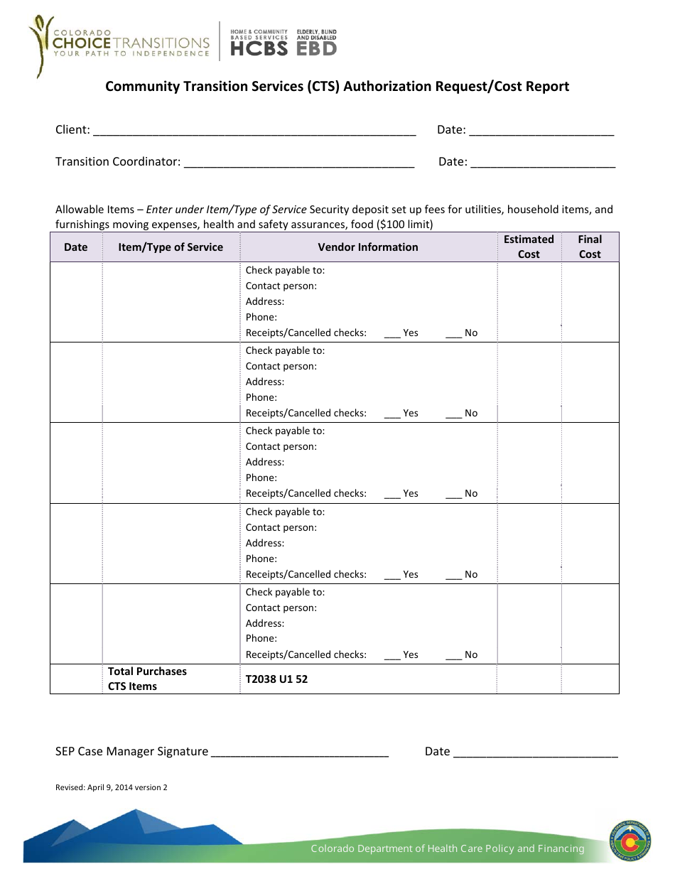 Community Transition Services (Cts) Authorization Request / Cost Report - Colorado, Page 1