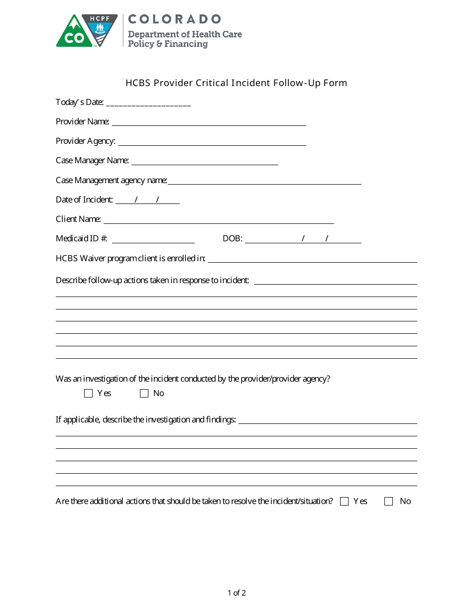Hcbs Provider Critical Incident Follow-Up Form - Colorado, Page 1