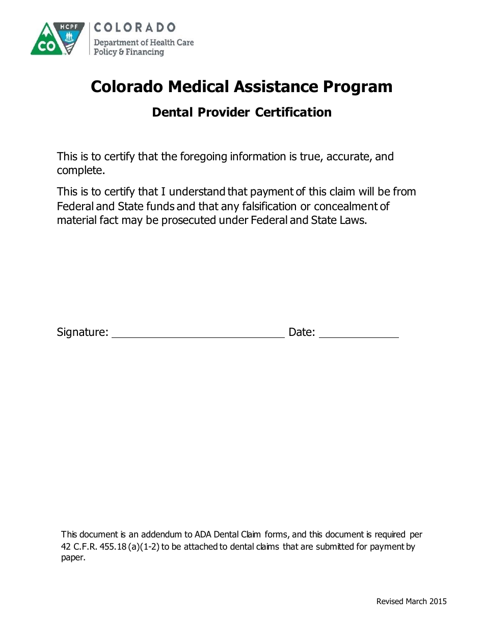 Colorado Dental Provider Certification Download Fillable PDF