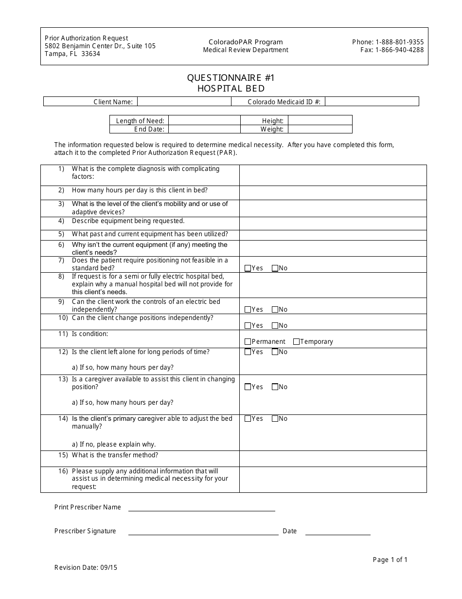 Colorado Questionnaire 1 Hospital Bed Fill Out, Sign Online and Download PDF Templateroller