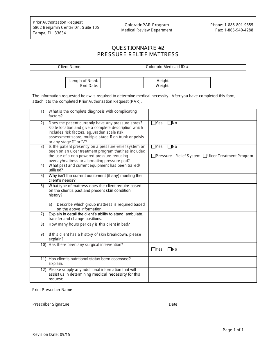 Colorado Questionnaire 2 Pressure Relief Mattress Download Printable PDF Templateroller