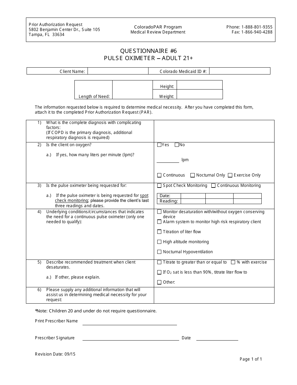 Questionnaire #6 - Pulse Oximeter  Adult 21+ - Colorado, Page 1