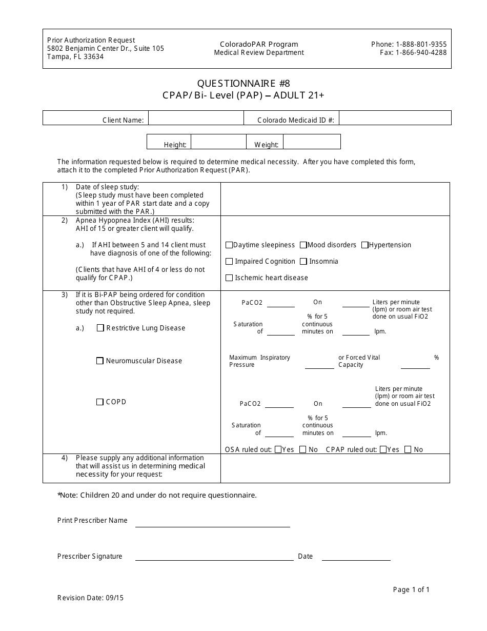 Questionnaire #8 - Cpap / BI- Level (Pap)  Adult 21+ - Colorado, Page 1