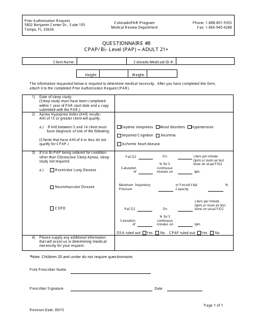Questionnaire #8 - Cpap / BI- Level (Pap) " Adult 21+ - Colorado Download Pdf