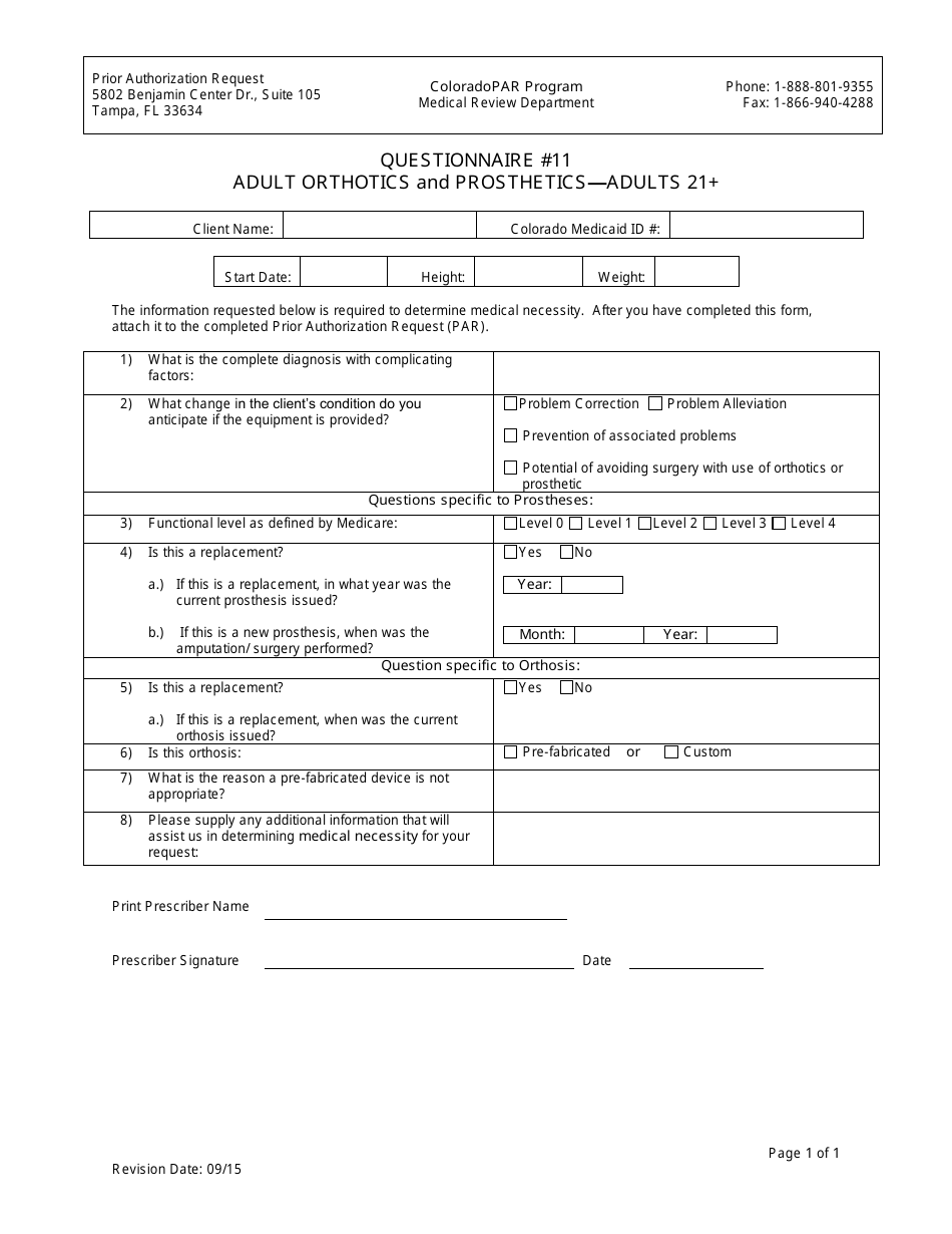 Questionnaire #11 - Adult Orthotics and Prosthetics  Adults 21+ - Colorado, Page 1