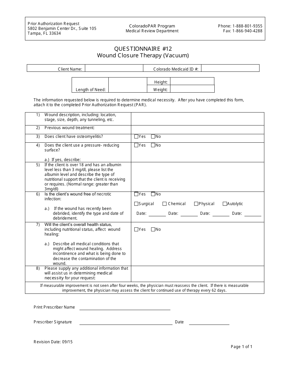Questionnaire #12 - Wound Closure Therapy (Vacuum) - Colorado, Page 1