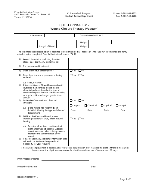 Questionnaire #12 - Wound Closure Therapy (Vacuum) - Colorado Download Pdf