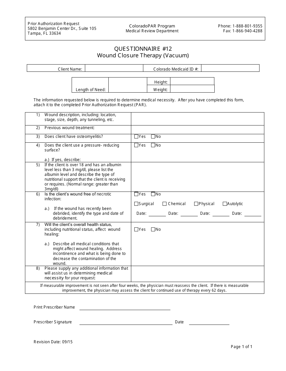 Colorado Questionnaire 12 Wound Closure Therapy (Vacuum) Fill Out