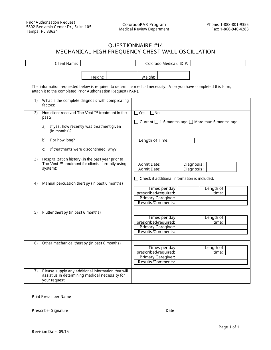 Questionnaire #14 - Mechanical High Frequency Chest Wall Oscillation - Colorado, Page 1