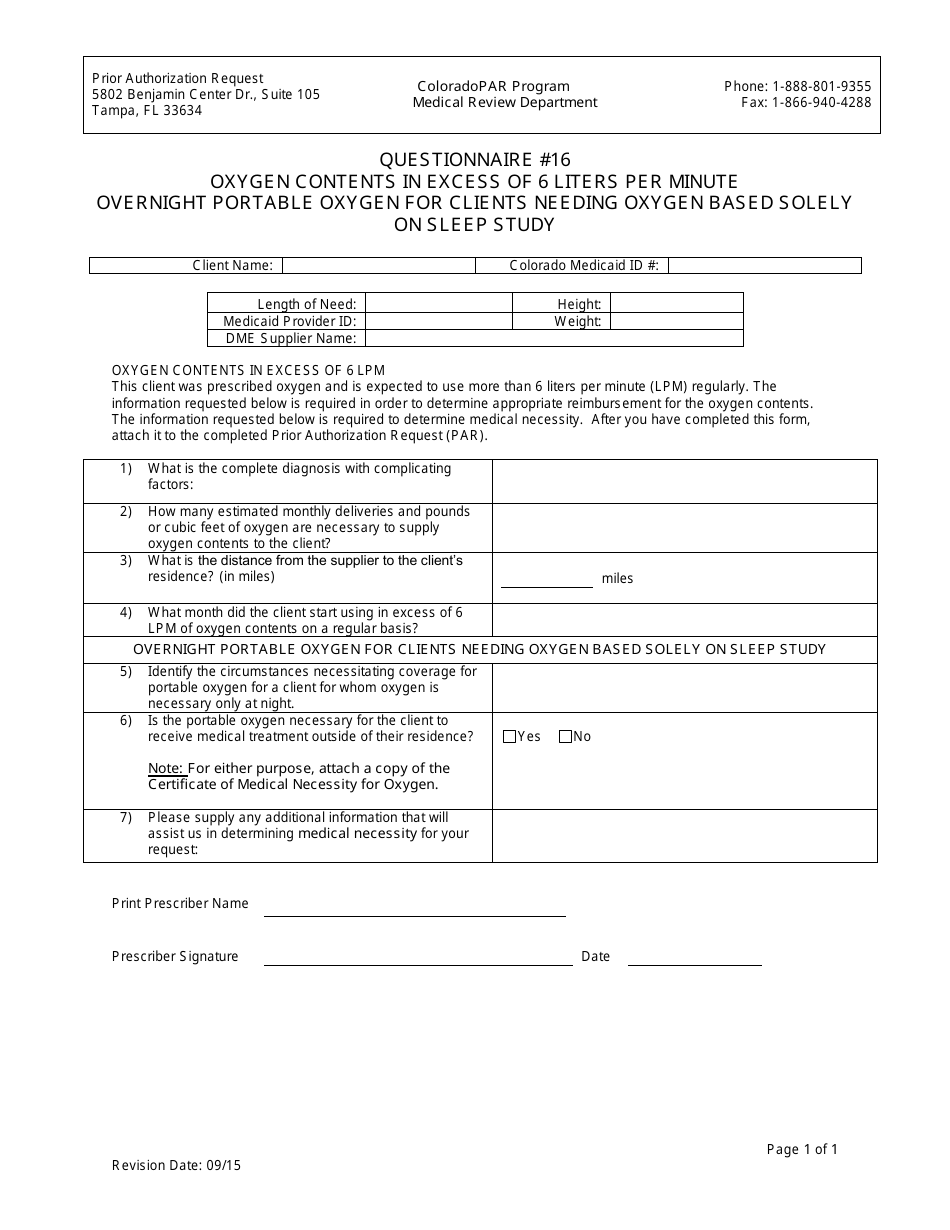 Questionnaire #16 - Oxygen Contents in Excess of 6 Liters Per Minute Overnight Portable Oxygen for Clients Needing Oxygen Based Solely on Sleep Study - Colorado, Page 1