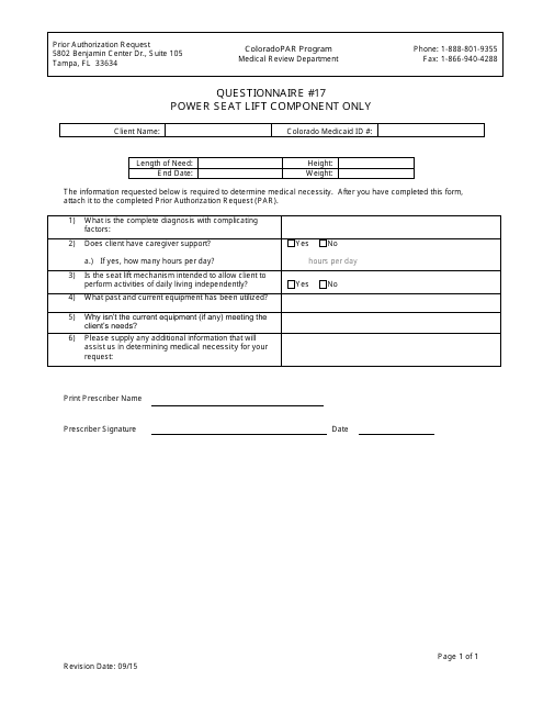 Questionnaire #17 - Power Seat Lift Component Only - Colorado Download Pdf