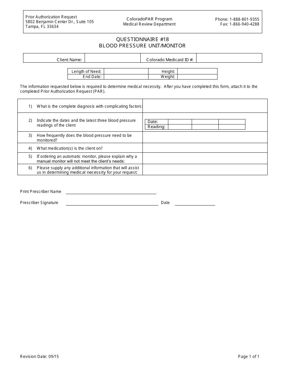 Colorado Questionnaire 18 Blood Pressure Unit/Monitor Download Printable PDF Templateroller