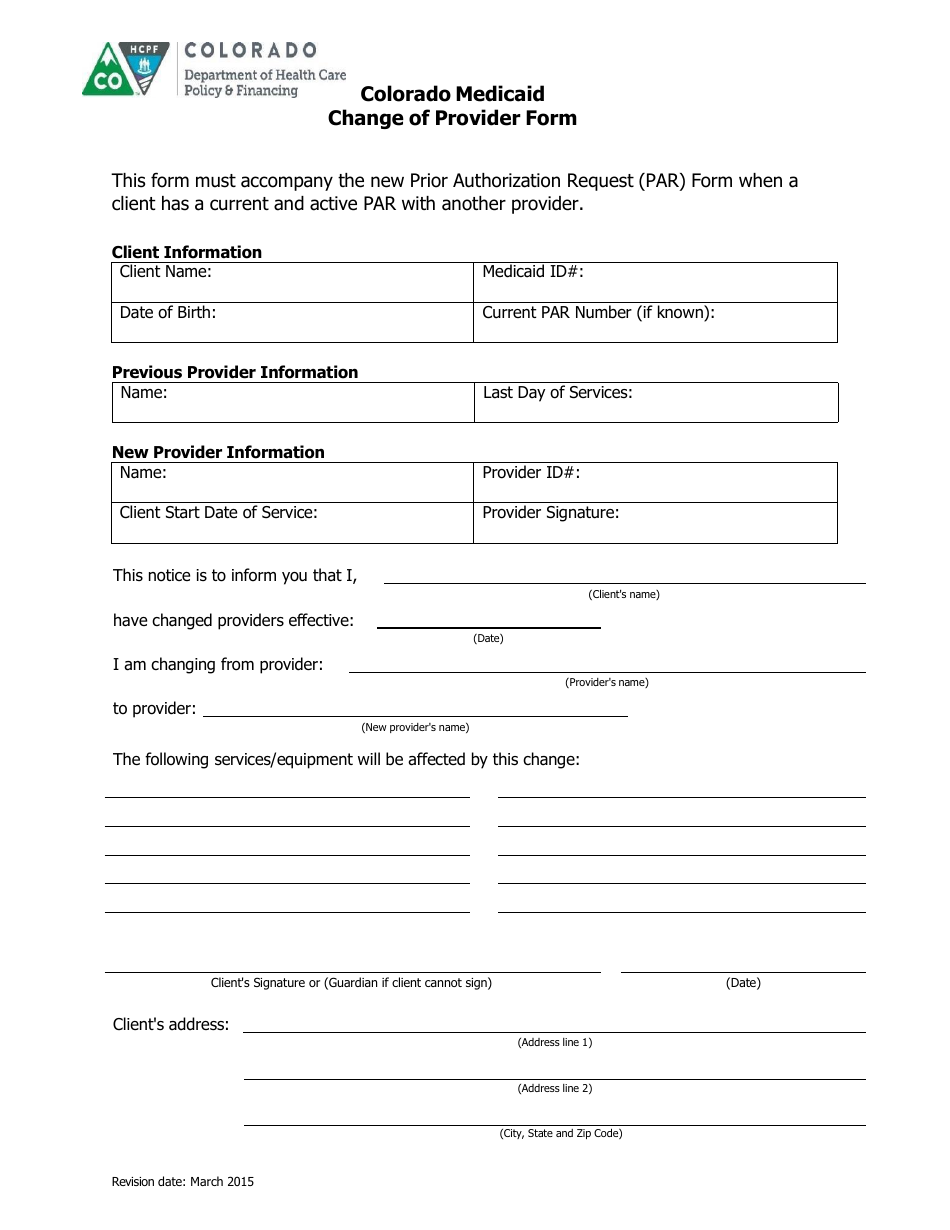 Colorado Colorado Medicaid Change of Provider Form Download Fillable