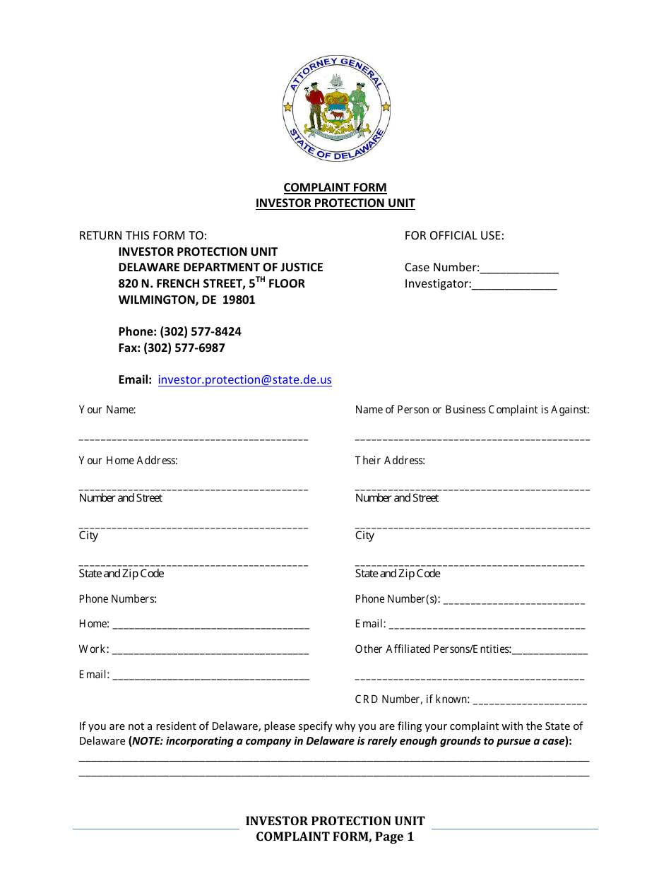 Investor Protection Unit Complaint Form - Delaware, Page 1