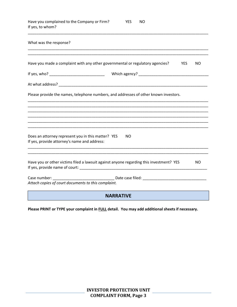 Investor Protection Unit Complaint Form - Delaware, Page 3