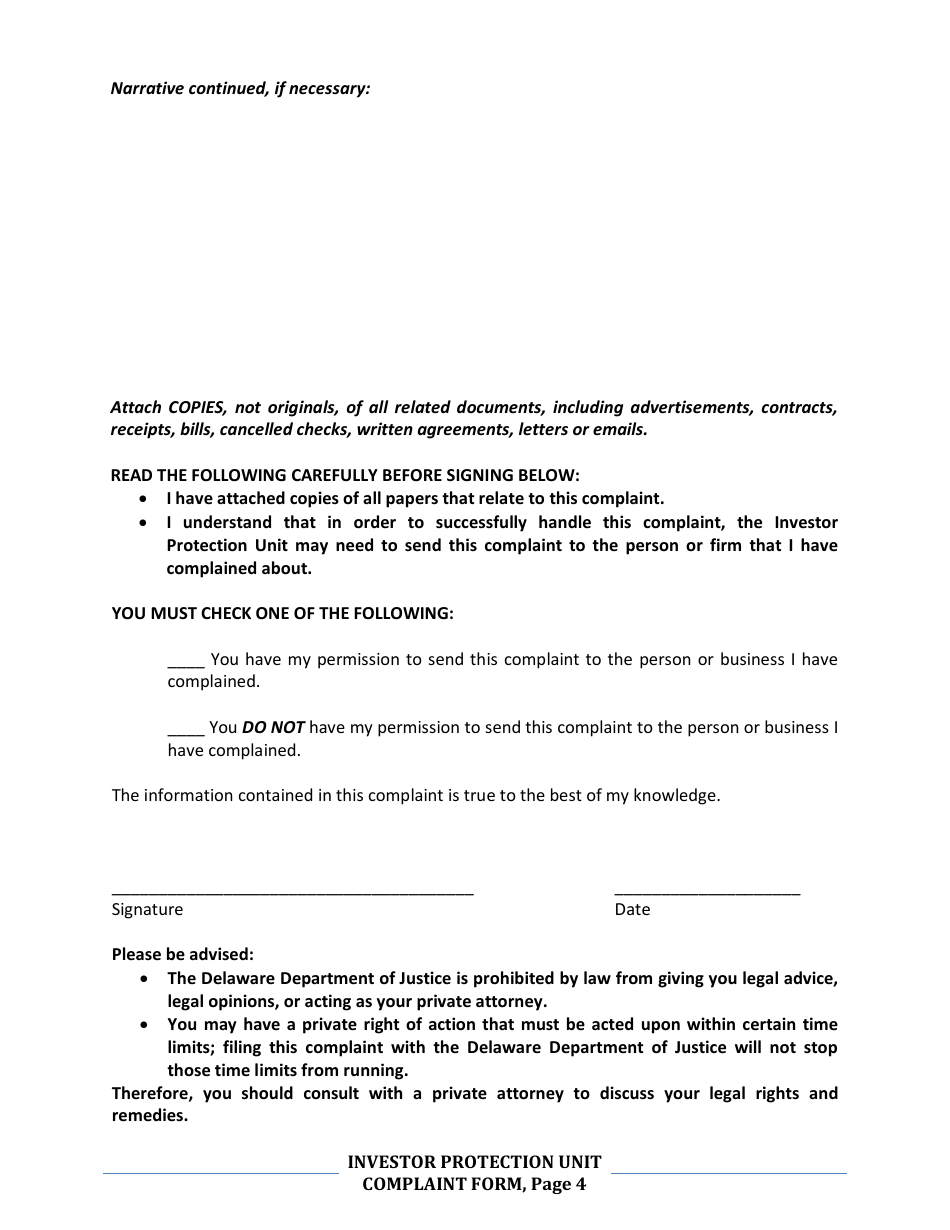 Investor Protection Unit Complaint Form - Delaware, Page 4