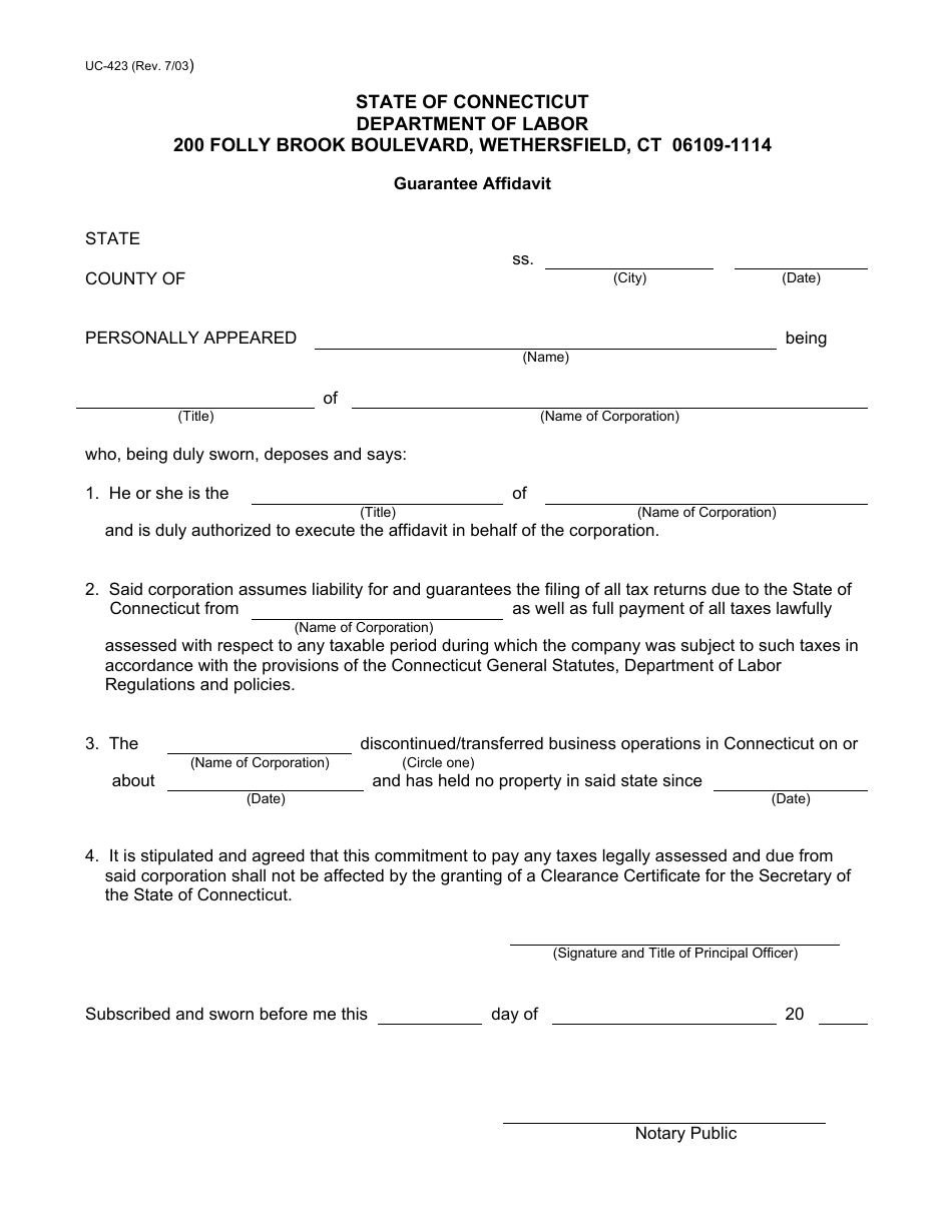 Form UC-423 Guarantee Affidavit - Connecticut, Page 1