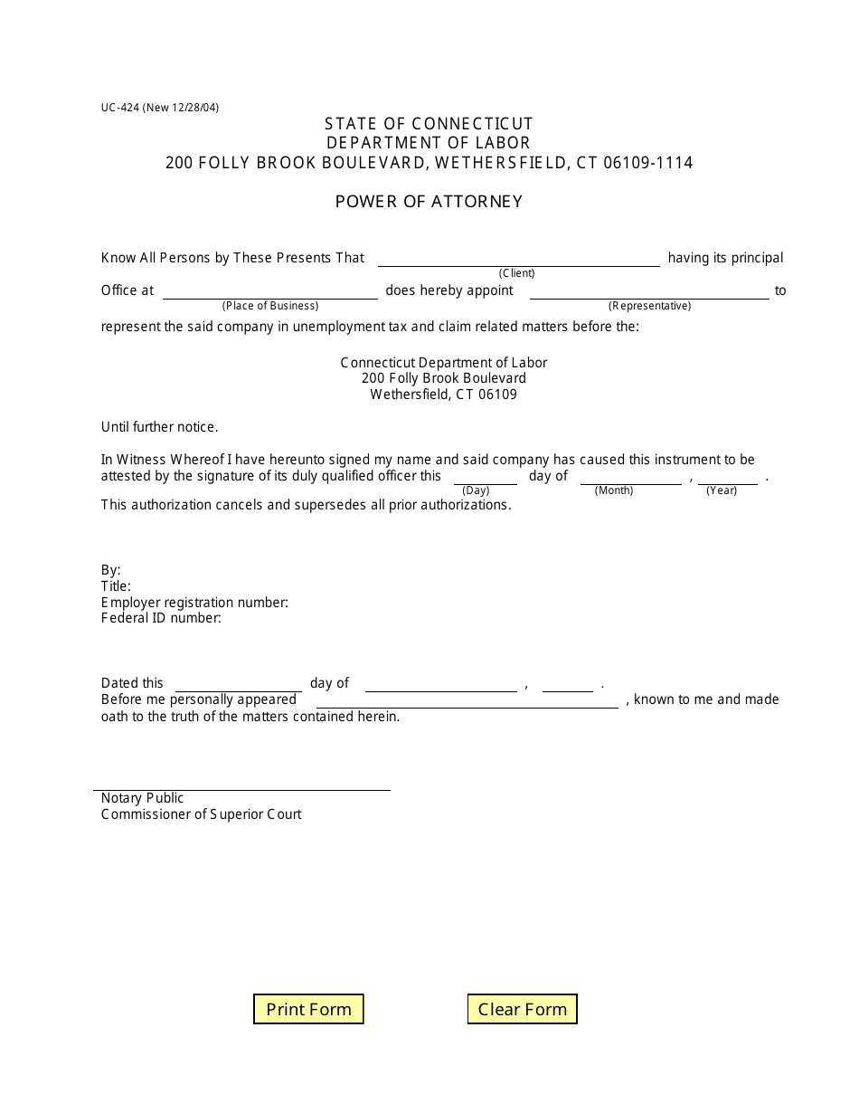 Form UC-424 Power of Attorney - Connecticut, Page 1