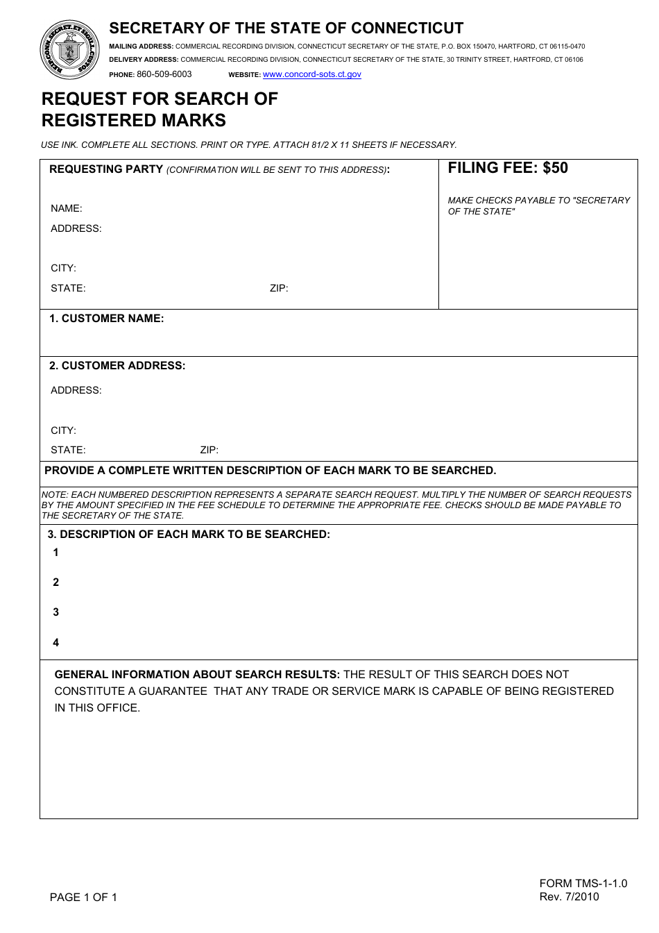 Form TMS-1.1.0 Request for Search of Registered Marks - Connecticut, Page 1