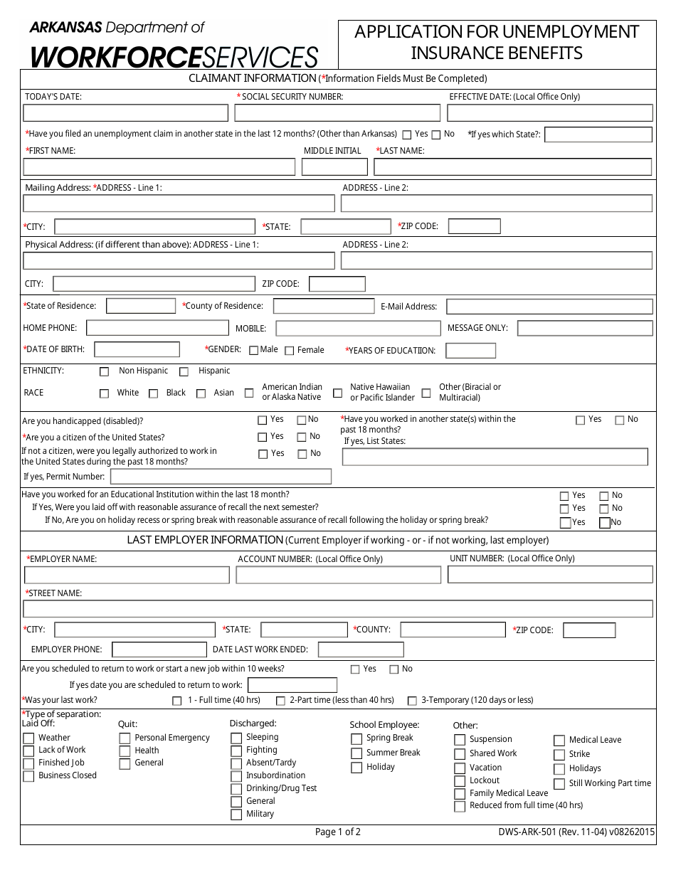Form DWS-ARK-501 Application for Unemployment Insurance Benefits - Arkansas, Page 1