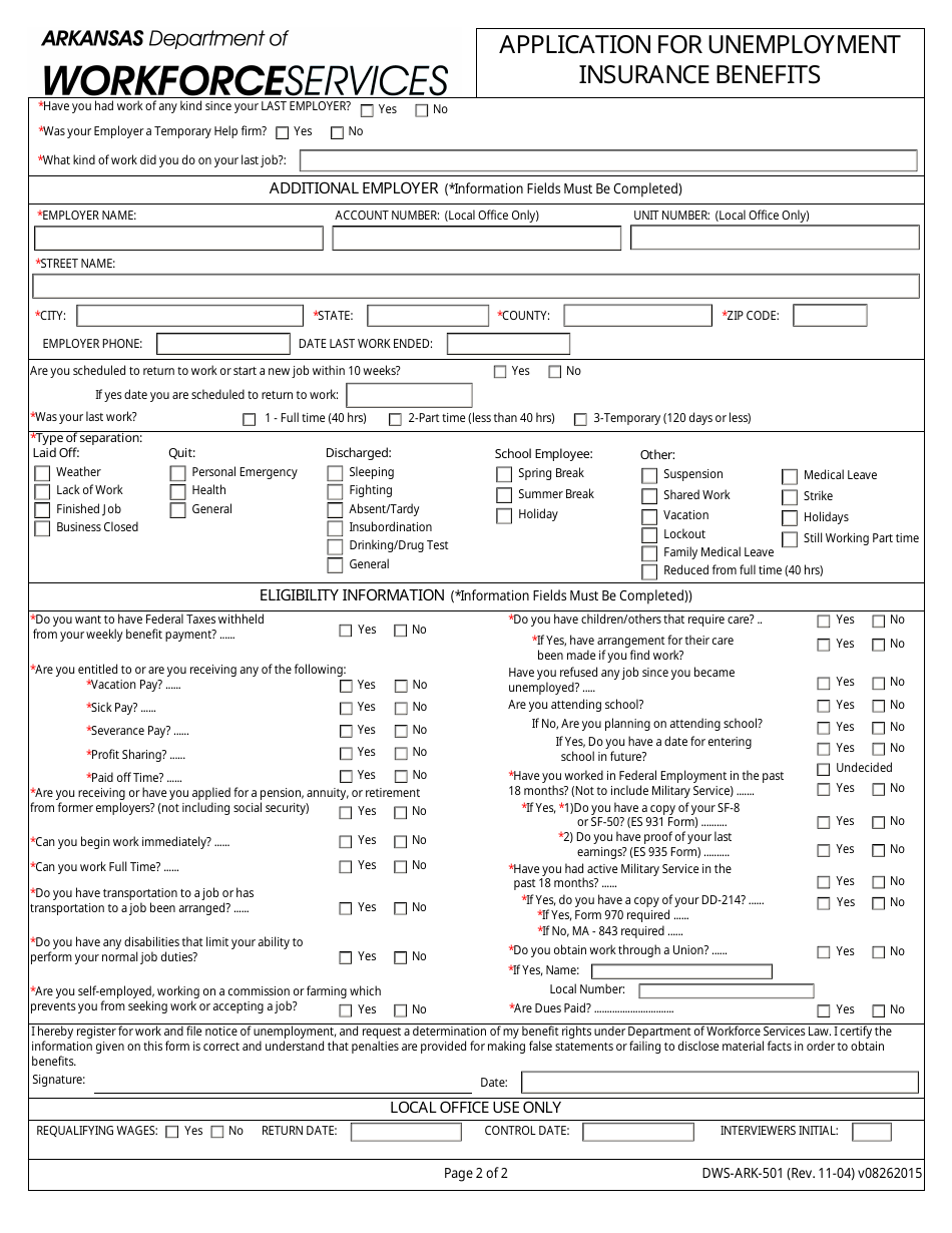Form DWS-ARK-501 Application for Unemployment Insurance Benefits - Arkansas, Page 2