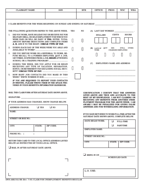Form DWS-ARK-502 RB Weekly Claim Form for Unemployment Benefits - Arkansas