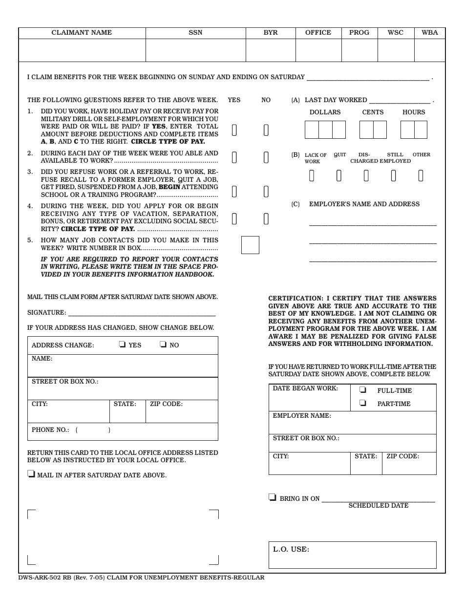 Form DWS-ARK-502 RB Weekly Claim Form for Unemployment Benefits - Arkansas, Page 1