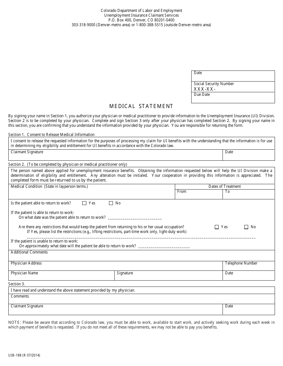 Form UIB-188 Medical Statement - Colorado, Page 1