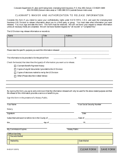 Form B-652 Claimant's Waiver and Authorization to Release Information - Colorado
