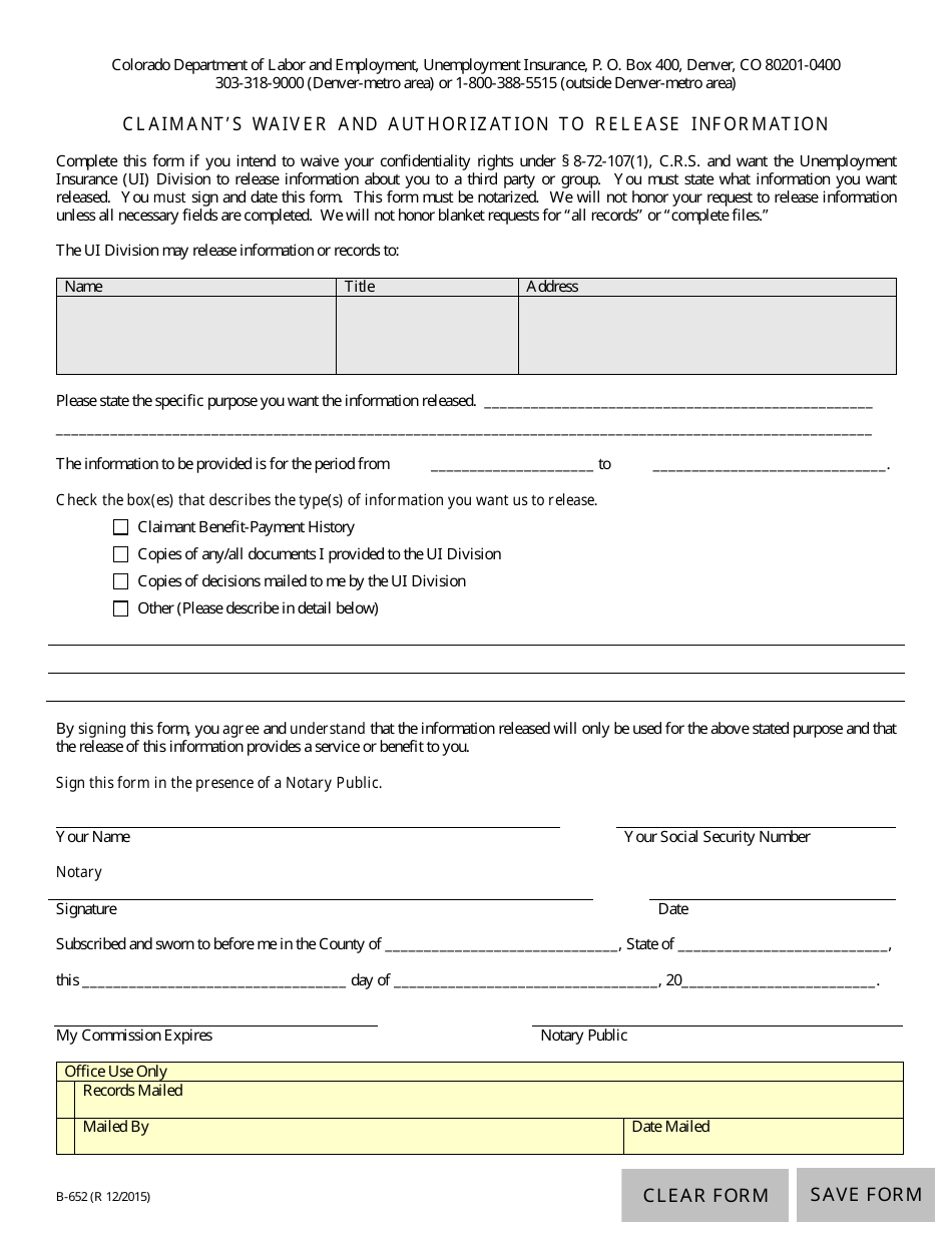 Form B-652 Claimants Waiver and Authorization to Release Information - Colorado, Page 1