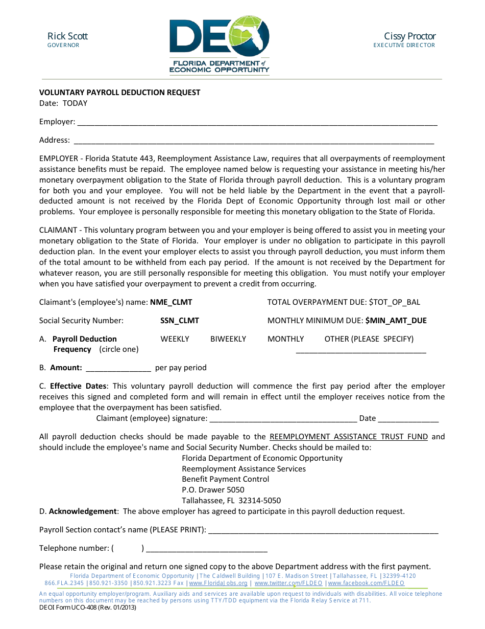 DEO Form UCO-408 Voluntary Payroll Deduction Request - Florida, Page 1
