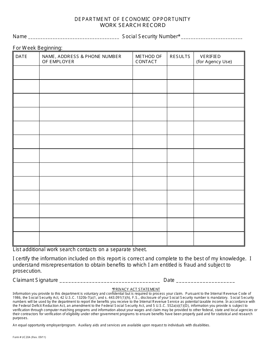 Form UC20A Work Search Record - Florida, Page 1
