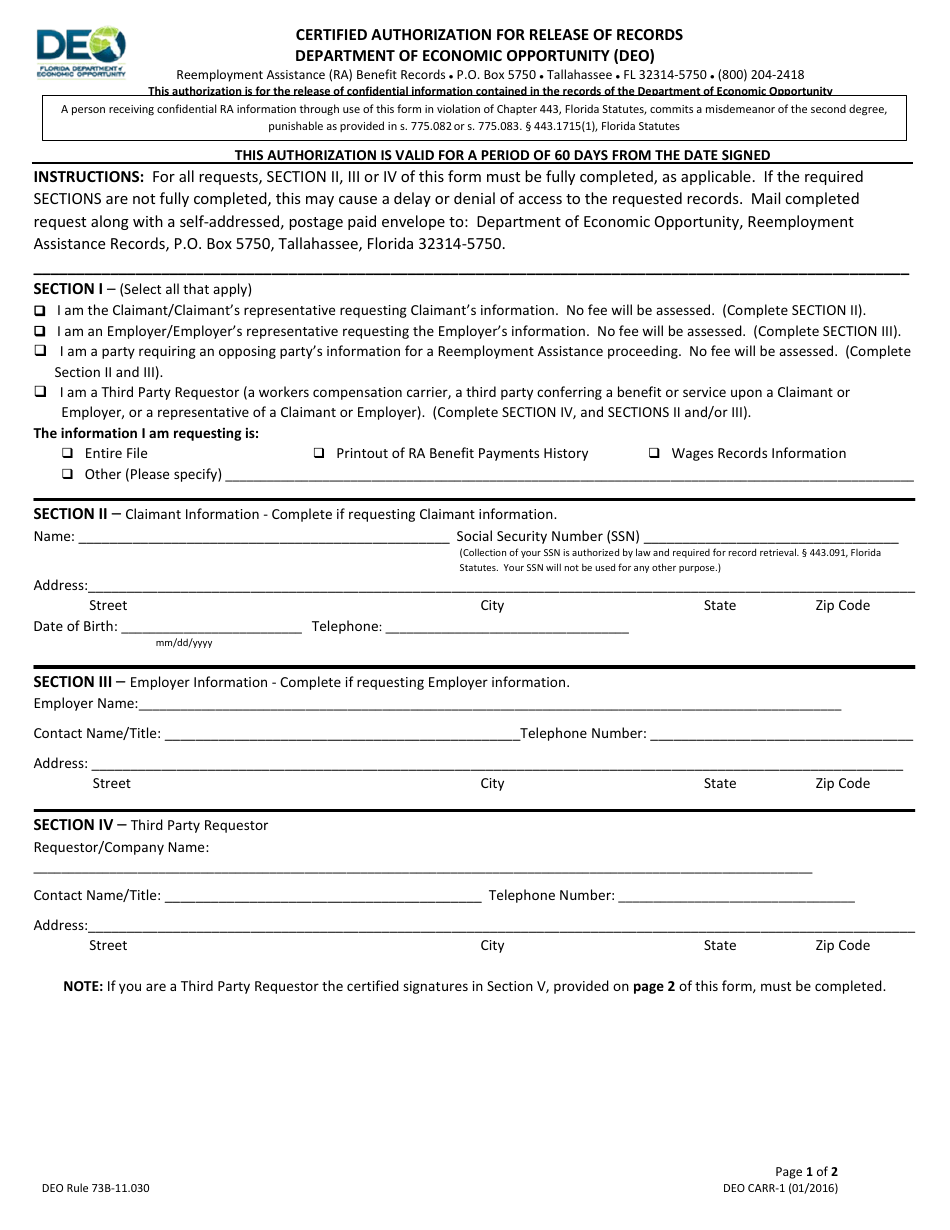 Form DEO CARR1 Fill Out, Sign Online and Download Printable PDF