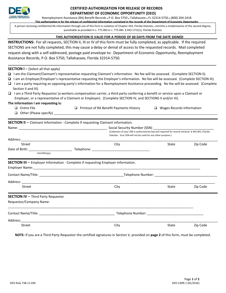 Form DEO CARR-1 Certified Authorization for Release of Records - Florida, Page 1