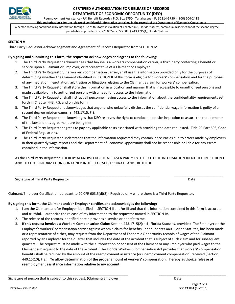 Form DEO CARR-1 Certified Authorization for Release of Records - Florida, Page 2