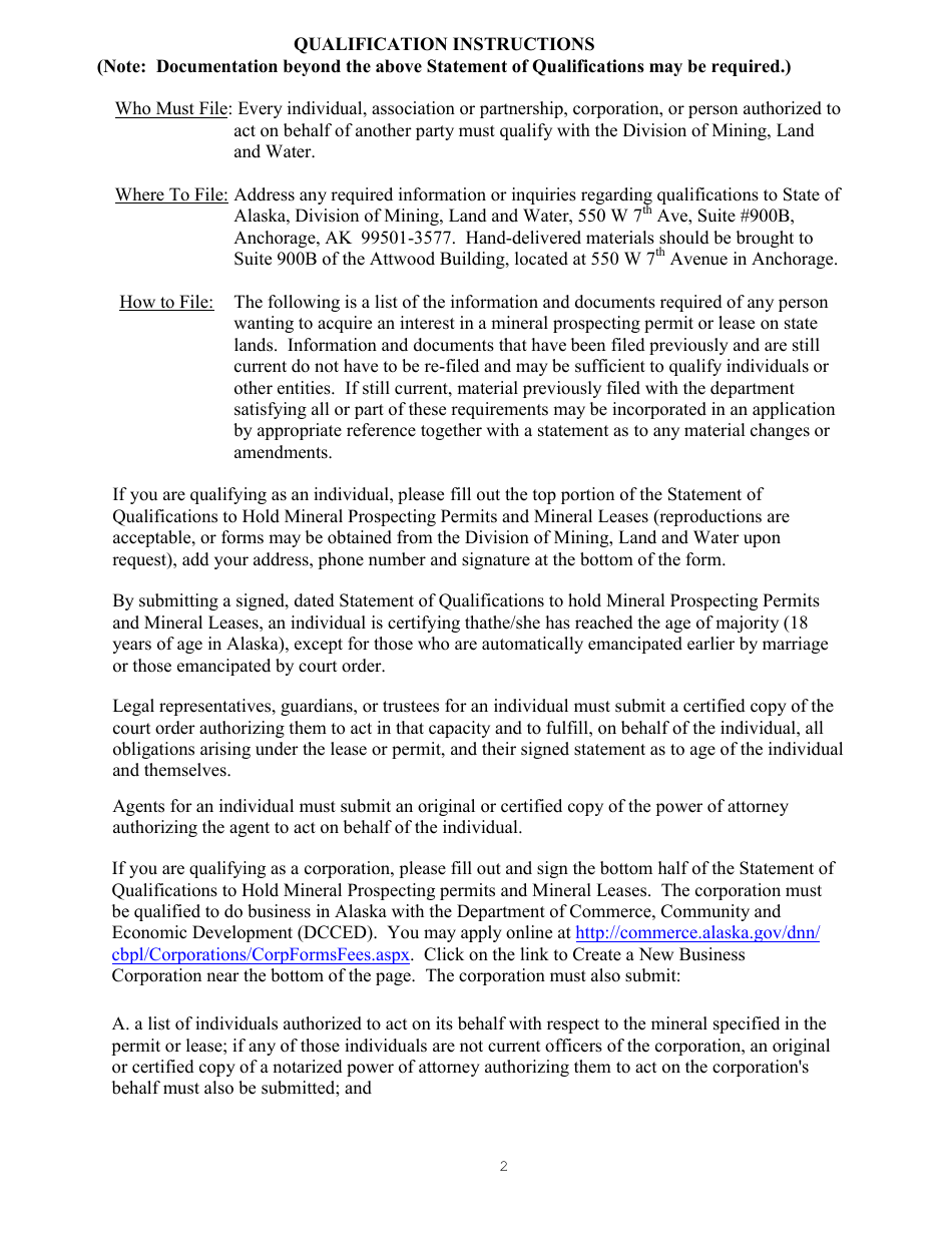 Alaska Statement of Qualifications to Hold Mineral Prospecting Permits ...