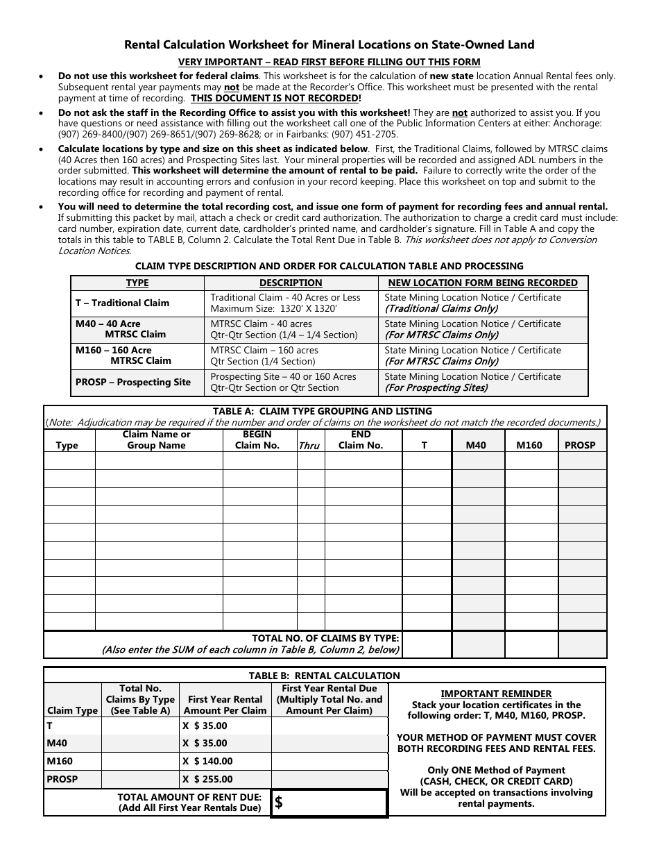 Rental Calculation Worksheet for Mineral Locations on State-Owned Land - Alaska, Page 1