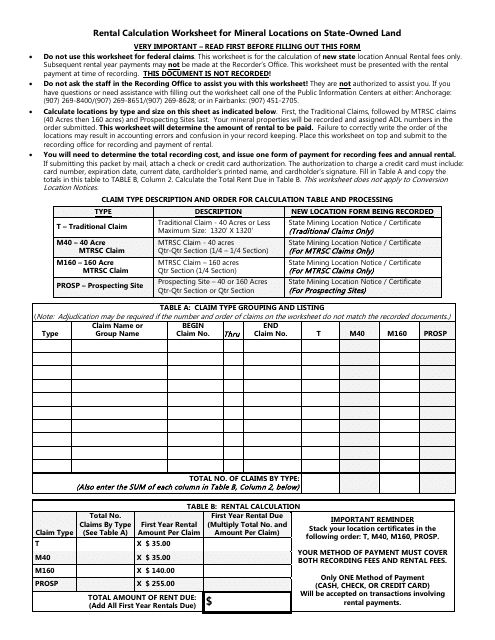 Rental Calculation Worksheet for Mineral Locations on State-Owned Land - Alaska