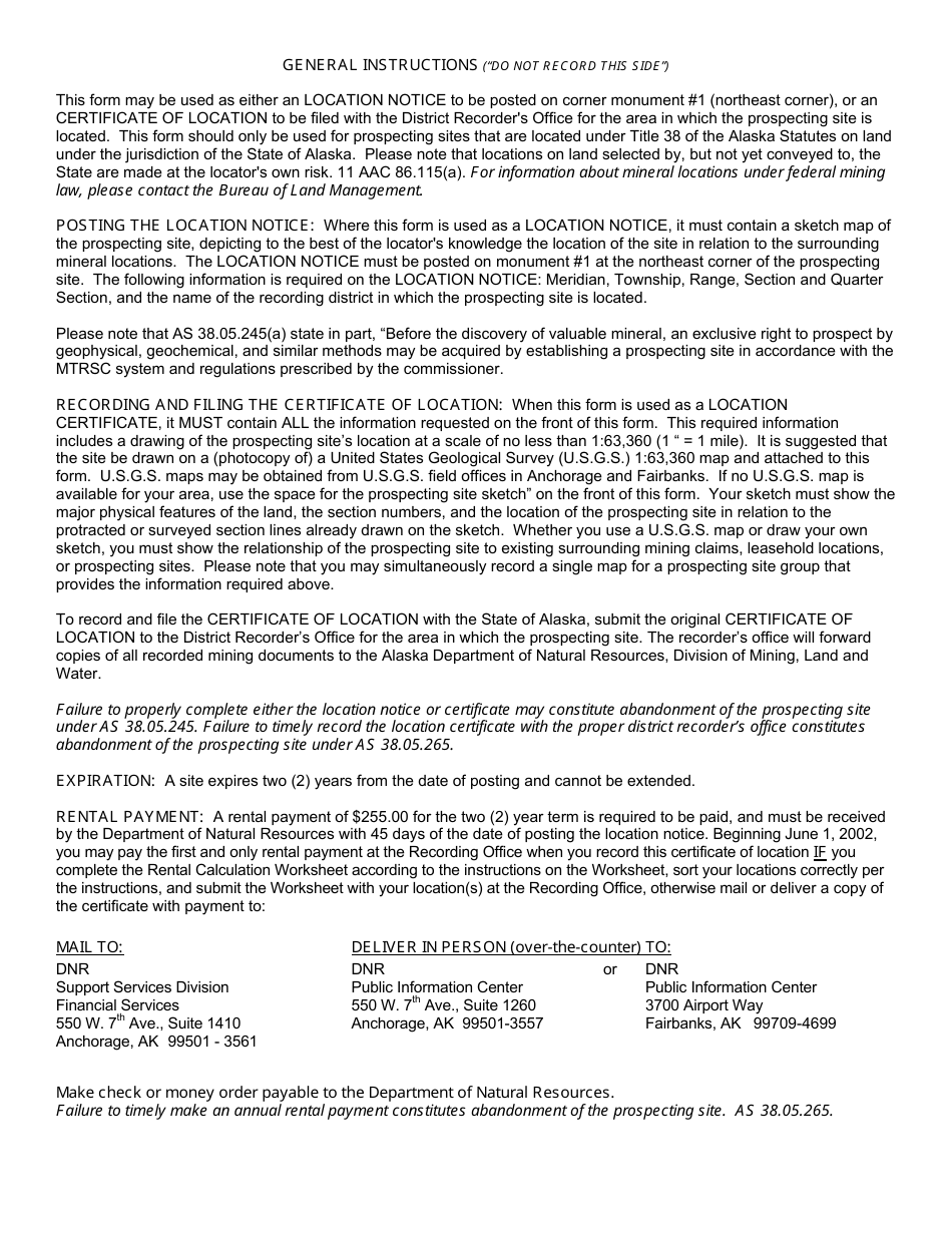 Form DNR10-162V State Mining Location Notice / Certificate for Prospecting Sites - Alaska, Page 2