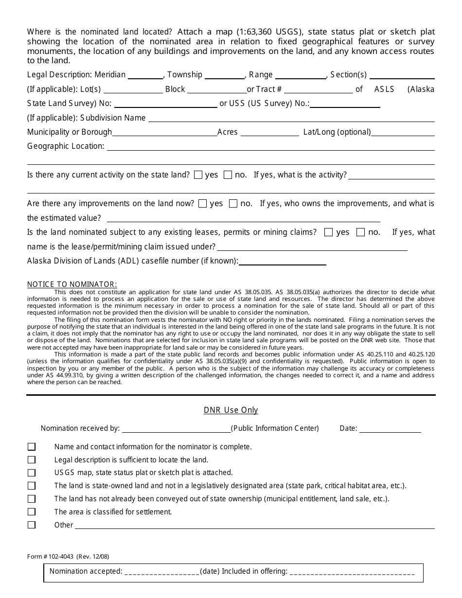 Form 102-4043 Nomination of State Land for Sale - Alaska, Page 3