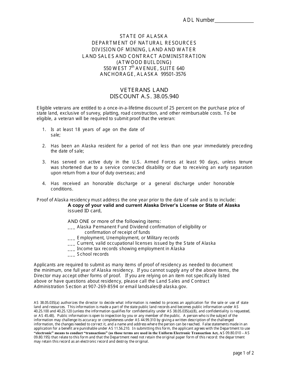 Veteran Eligibility Application / Affidavit, Waiver of Veterans Discount Eligibility, and Instructions for Veteran Land Discount - Alaska, Page 1