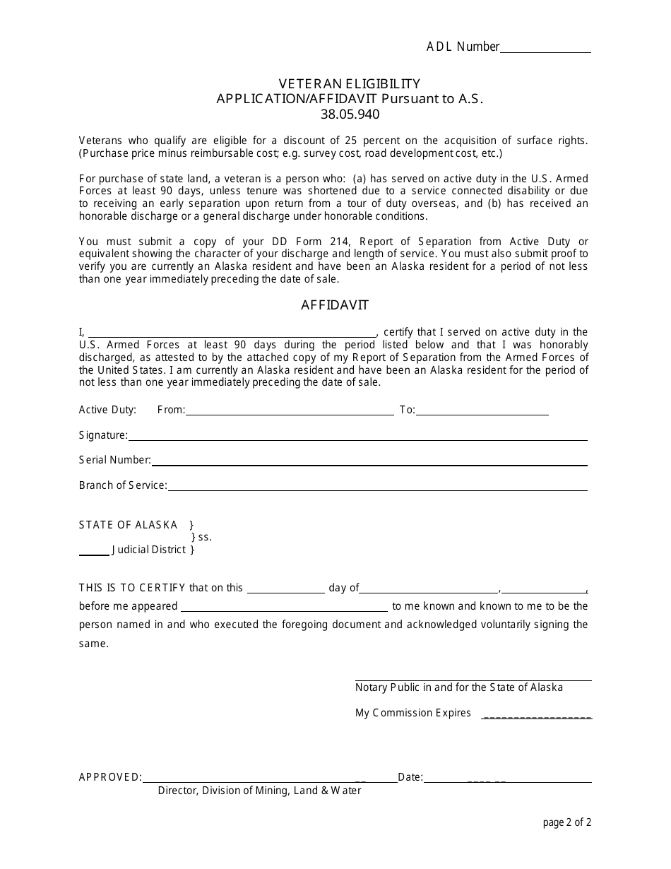 Veteran Eligibility Application / Affidavit, Waiver of Veterans Discount Eligibility, and Instructions for Veteran Land Discount - Alaska, Page 2