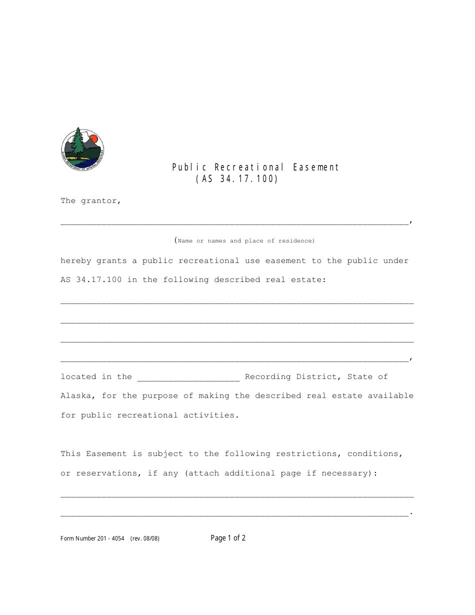 Form 201-4054 Public Recreational Easement (As 34.17.100) - Alaska, Page 1