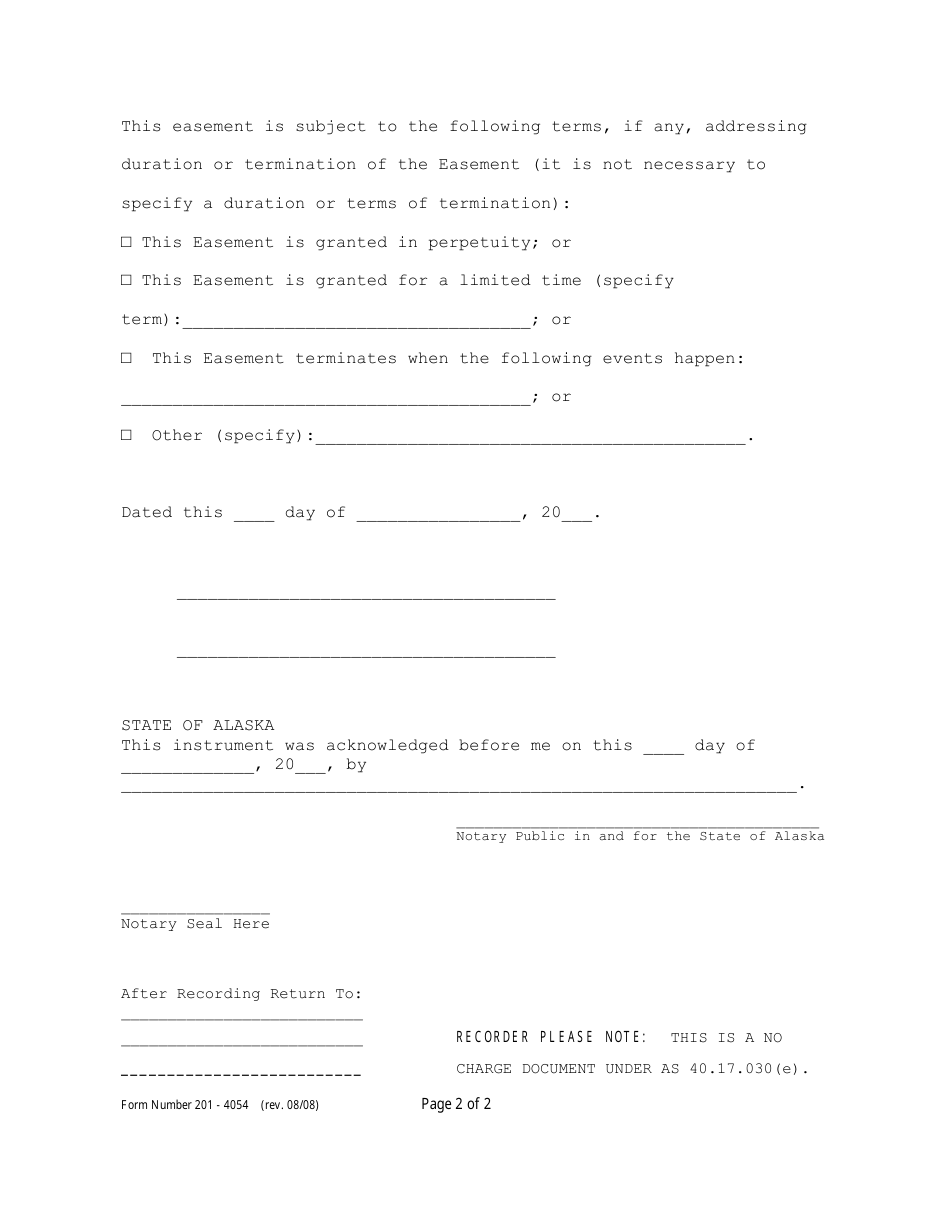 Form 201-4054 Public Recreational Easement (As 34.17.100) - Alaska, Page 2