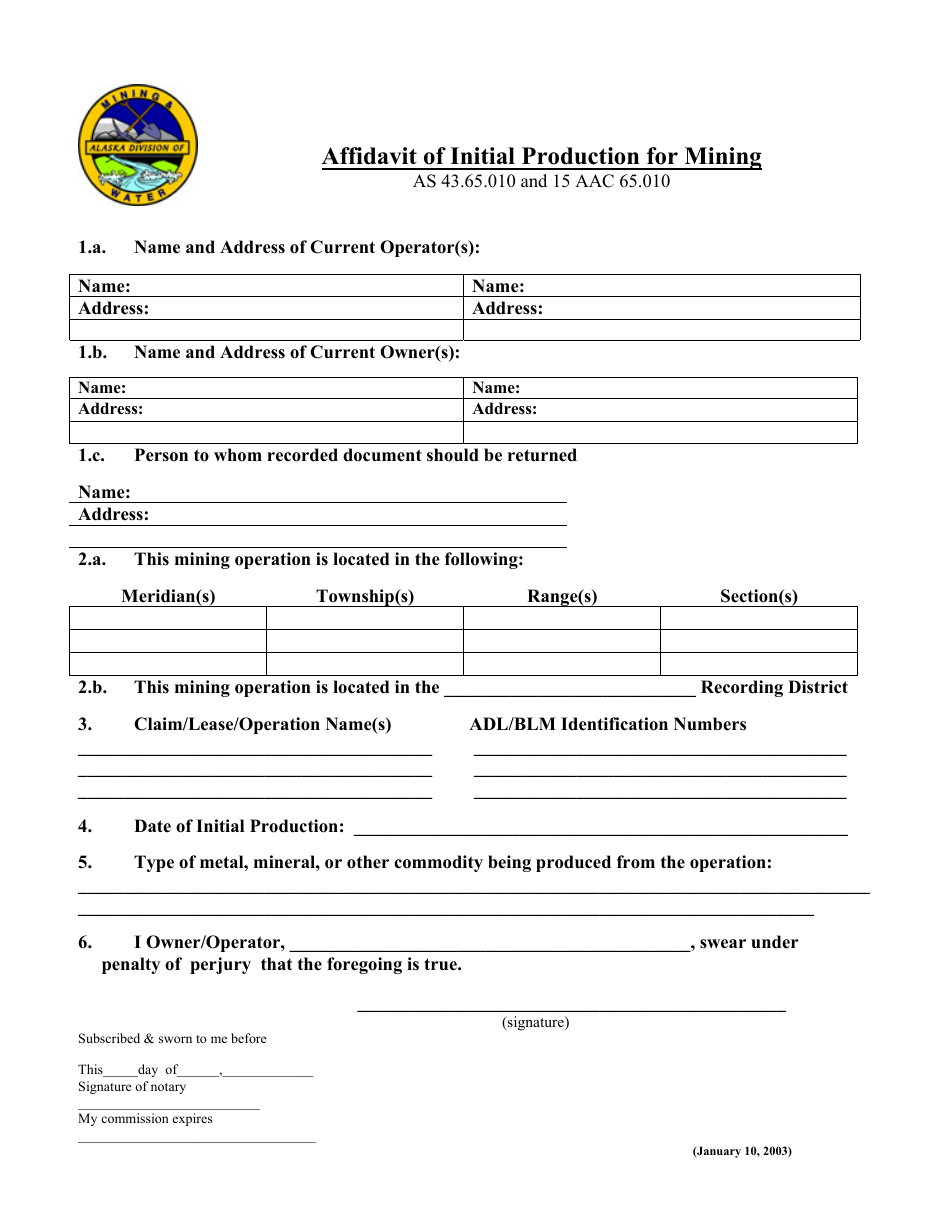 Affidavit of Initial Production for Mining - Alaska, Page 1