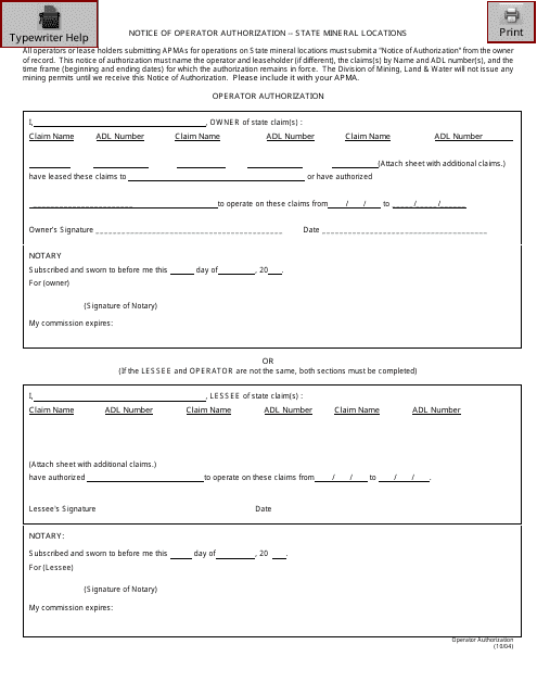 Notice of Operator Authorization - State Mineral Locations - Alaska Download Pdf