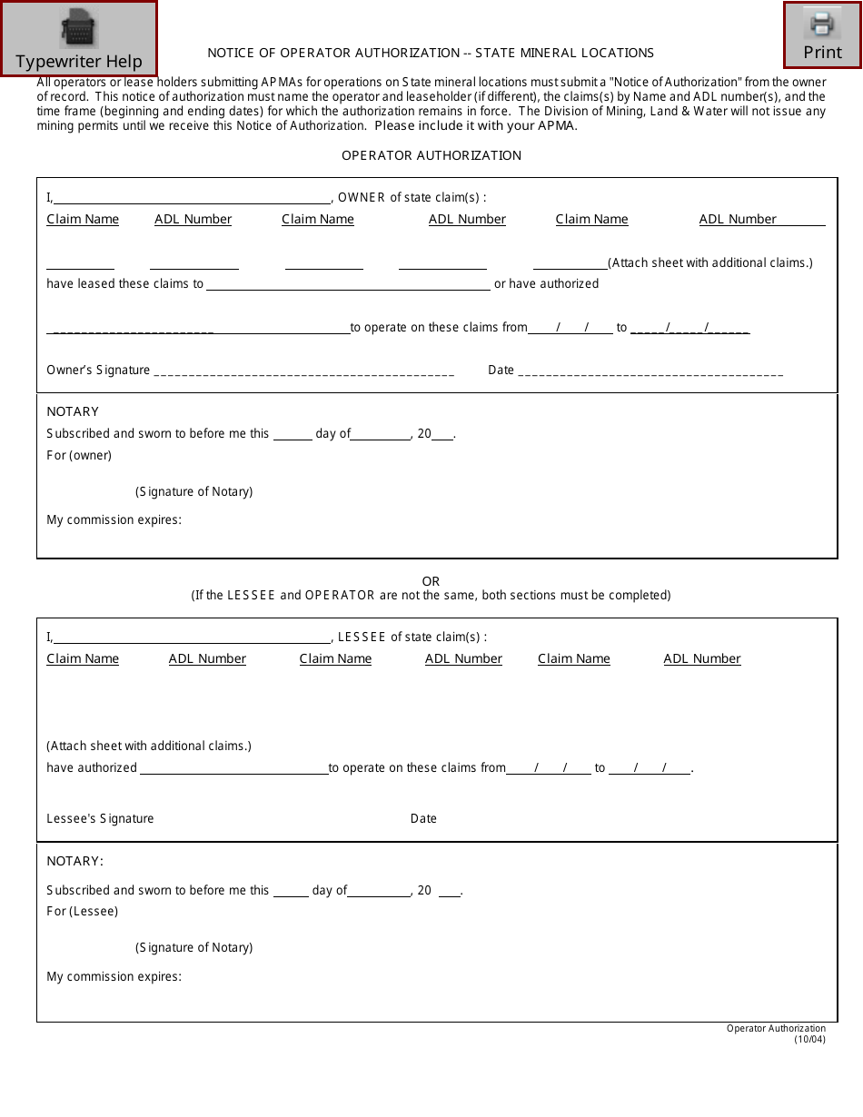 Notice of Operator Authorization - State Mineral Locations - Alaska, Page 1