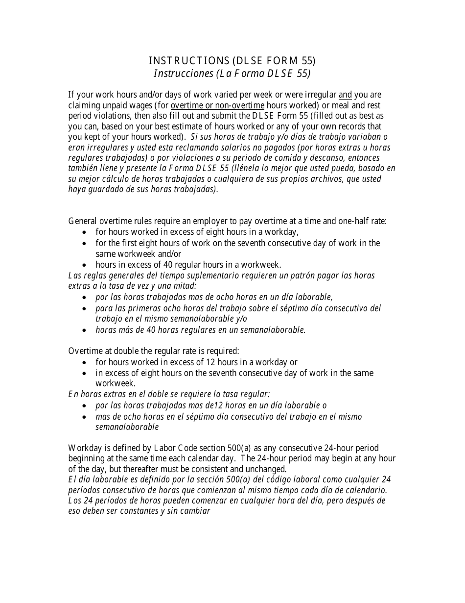 Instructions for DLSE Form 55 Overtime, Rest Period, Meal Period Computation Form - California (English / Spanish), Page 1