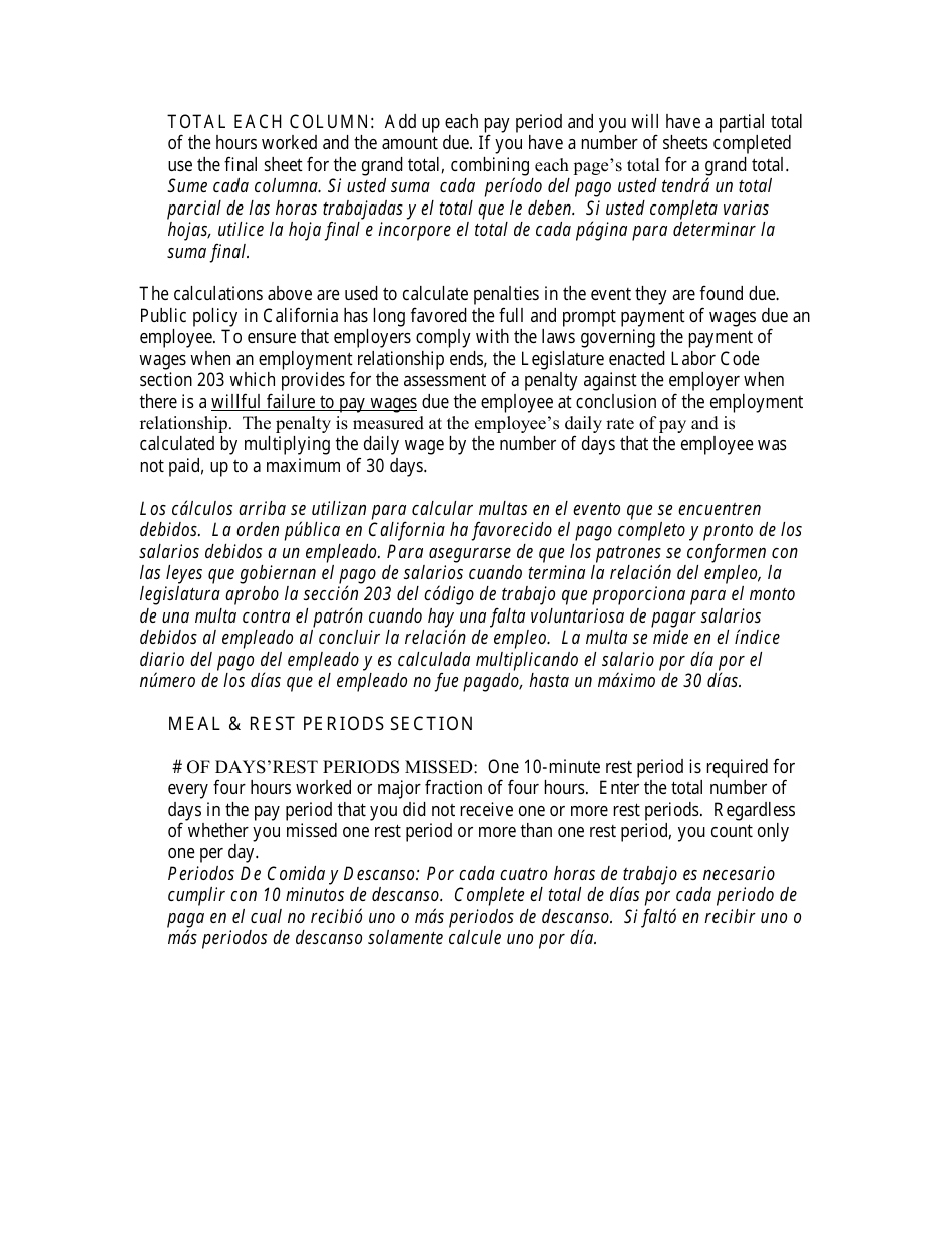Instructions for DLSE Form 55 Overtime, Rest Period, Meal Period Computation Form - California (English / Spanish), Page 5